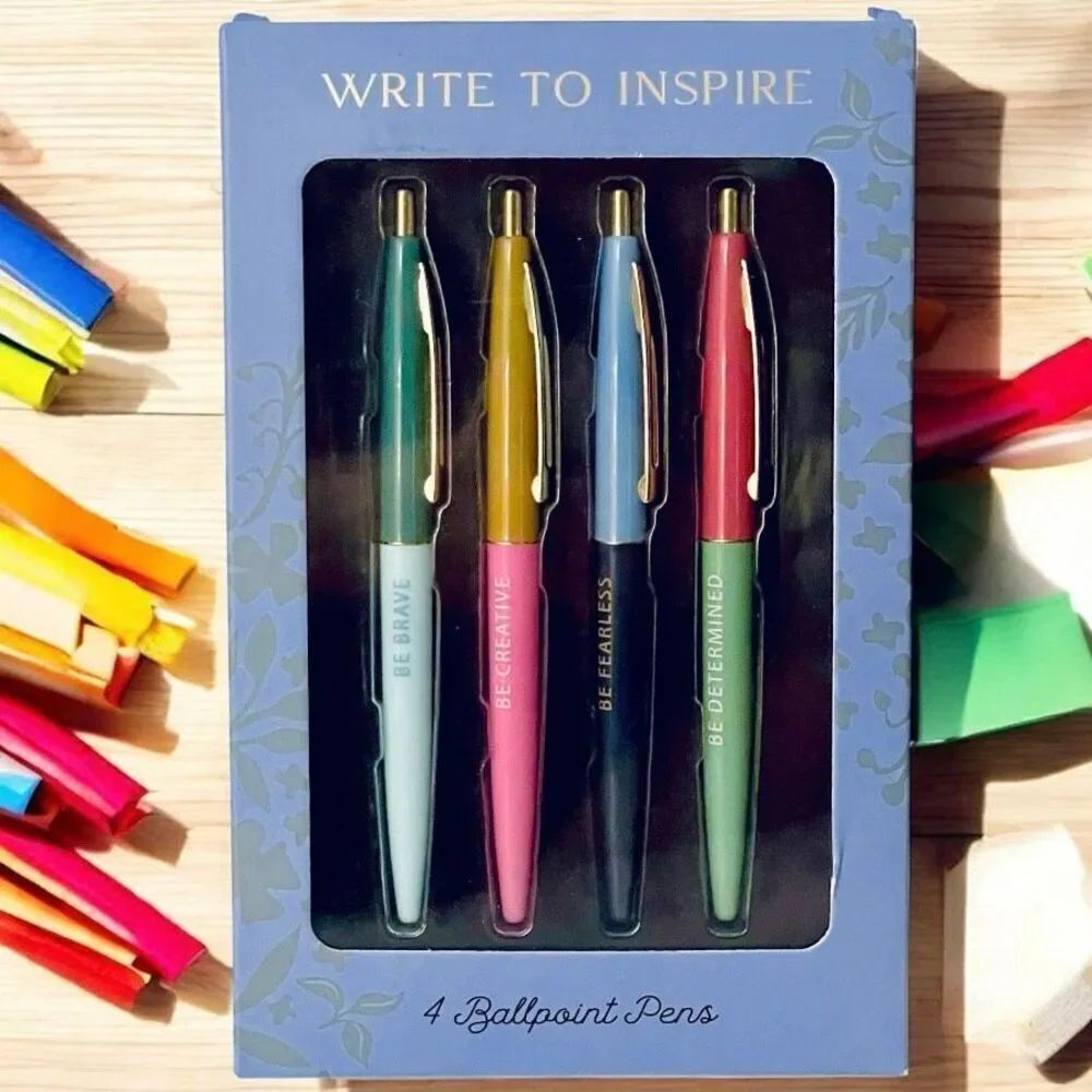 NWT ECCOLO set of 4 Inspirational graphic ballpoint Pens Gift Set Brave Fearless